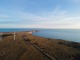 Aerial view of turbines on island