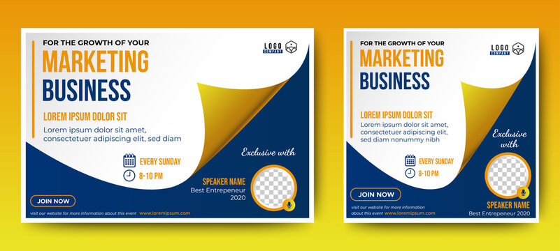 Marketing Business Live Webinar Banner Invitation and Social Media post template. Blue and Yellow background. Business Converence invitation design. Vector EPS	