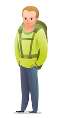 Little boy tourist backpacker. Teen with backpack on his back. Cheerful person. Standing pose. Cartoon comic style flat design. Single character. Illustration isolated on white background. Vector