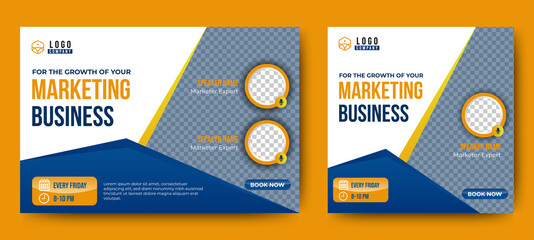 Marketing Business Live Webinar Banner Invitation and Social Media post template. Blue and Yellow background. Business Converence invitation design. Vector EPS	