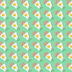 Seamless pattern of fried eggs with bacon and green peas on a green background in the style of Paper Cut