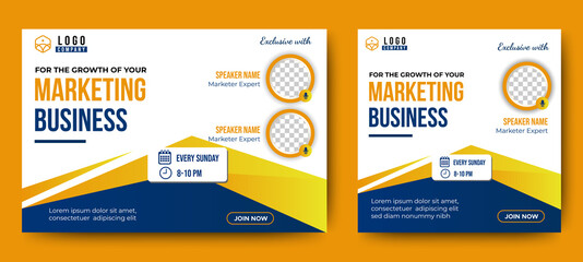 Marketing Business Live Webinar Banner Invitation and Social Media post template. Blue and Yellow background. Business Converence invitation design. Vector EPS	