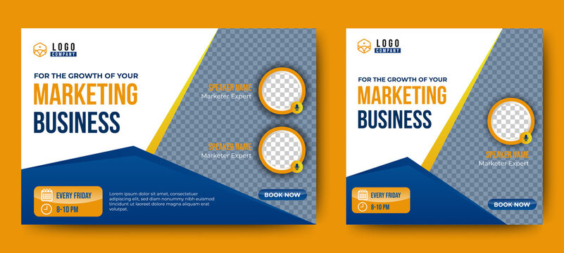 Marketing Business Live Webinar Banner Invitation and Social Media post template. Blue and Yellow background. Business Converence invitation design. Vector EPS	