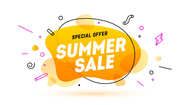 Summer Sale, speech bubble. Banner, poster, speech bubble with text Summer Sale. Geometric style with message sale for banner, poster. Explosion burst design, speech bubble. Vector Illustration