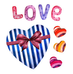 Fototapeta premium Hand painted word Love, box of chocolates, sweets. Watercolor illustration