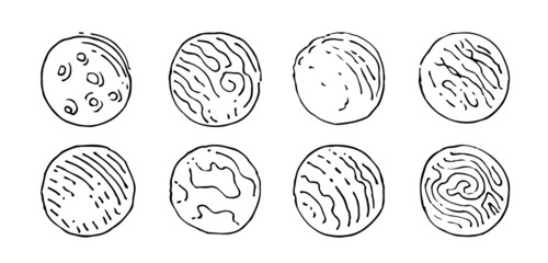 Set of planets. Beautiful space object. Simple doodle drawing in childish style. Outline sketch. Hand drawing isolated on white background. Vector