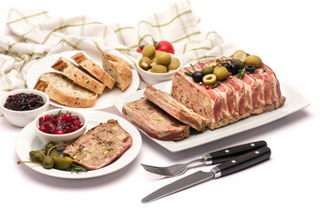 Portion of Traditional French terrine covered with bacon isolated on white background
