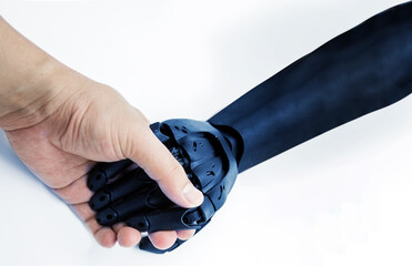 Android robot hand joins human hand to lead the future.