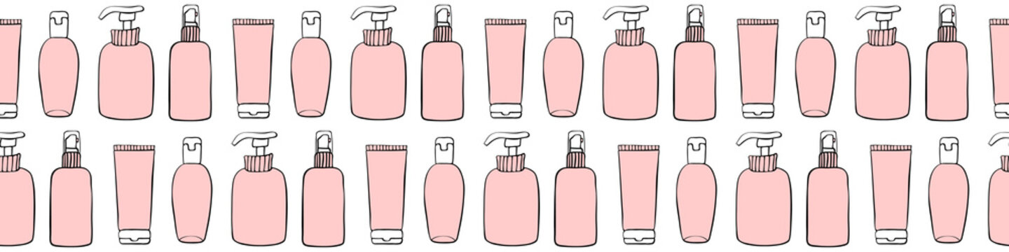 Vector seamless pattern of different outline bottles, tubes, flacons, cosmetic products in doodle style. Texture on theme beauty industry, skin care, hygiene products, toiletries