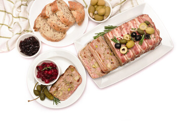 Portion of Traditional French terrine covered with bacon isolated on white background