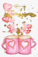 Watercolor valentine cards with red hearts with the words love with golden splashes with gifts ,red balloons in the form of a heart ,perfume, envelope,two love mugs.