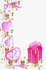 Watercolor valentine cards with red hearts with the words love with golden splashes with gifts ,red balloons in the form of a heart ,perfume, envelope,two love mugs.