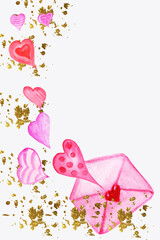 Watercolor valentine cards with red hearts with the words love with golden splashes with gifts ,red balloons in the form of a heart ,perfume, envelope,two love mugs.