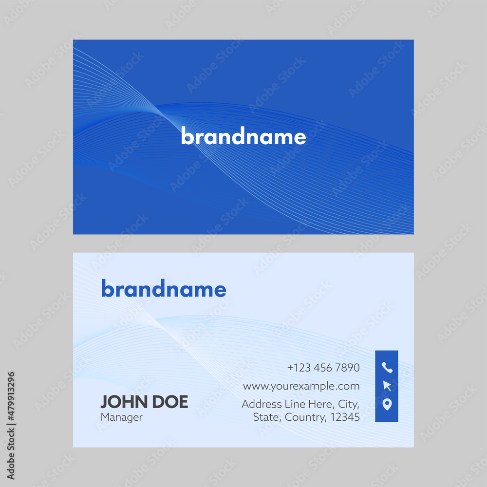 Poster blue color horizontal business card template in front and back side.