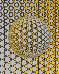 yellow and grey coloured hexagonal mosaic tiles over a 3D spherical surface