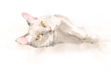 Loose watercolor painting of black cat with yellow eyes lying on white background.
