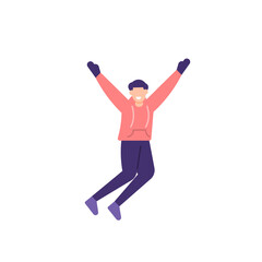 illustration of a boy jumping for joy. happy people. celebrate and enjoy an event, party or festival. wearing a winter jacket. flat cartoon style. vector design