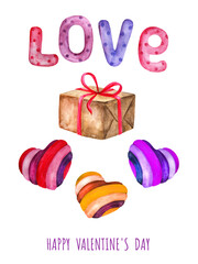 Obraz premium Watercolor illustration of the hand-painted word Love and gifts