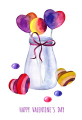 Glass jar with a of Valentine's Day hearts. Watercolor illustration