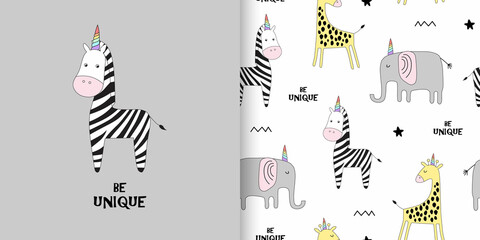 Iliustration and seamless childish pattern with cute animals witn horn