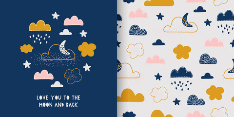 Set of cute card and seamless pattern with cloud and rainbow in the sky