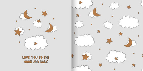 Cute illustration and seamless pattern with clouds, moon, stars on the sky