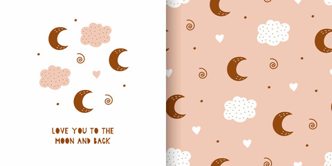 Set of card and seamless pattern with cloud and rainbow in the sky. Boho collection