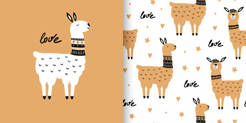 Illustration and seamless pattern with llama and hand drawn elements. Valentines day card