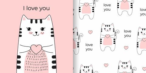 llustration and seamless childish pattern with cute cat in black and white style. Valentines day set - obrazy, fototapety, plakaty