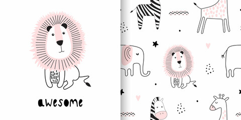 Illustration and seamless childish pattern with cute animals in black and white style