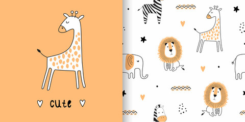 Illustration and seamless childish pattern with cute animals in black and white style - obrazy, fototapety, plakaty