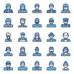 Fototapeta premium Filled blue outline icons for professions.