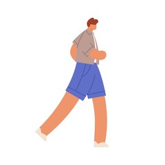 Man walking fast, rushing. Faceless person going and hurrying. Young guy in casual clothes, summer shirt, shorts and sneakers, in motion. Flat vector illustration isolated on white background