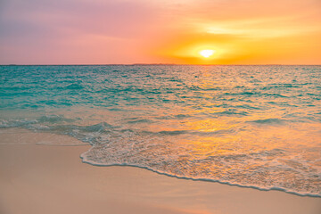 Closeup sea sand beach. Panoramic beach landscape. Inspire tropical beach seascape horizon....
