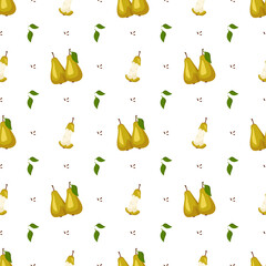 Seamless pattern with yellow pear. Print from whole and half healthy fruits. Background from sweet food for diet. Vector flat illustration