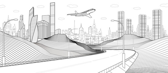Black and white Infrastructure illustration. Highway in mountains. Modern city at background, tower and skyscrapers, business building. Vector design outlines art - 479914615