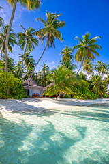 Tropical resort hotel beach paradise. Amazing nature, coast, shore. Summer vacation, travel adventure. Luxury holiday landscape, stunning ocean lagoon, blue sky palm trees. relax idyllic inspire beach