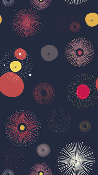 Abstract geometric seamless pattern in dark purple, pacific pink, golden and white tones. With hand drawn circles, dots and fireworks. Vertical background for wrapping paper, packaging, wallpapers...