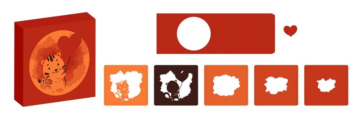 Obraz premium Valentine's day paper carve tunnel card tiger with balloon. 3D popup layers card. Modern origami design template. 3d paper lightbox template. Vector stock illustration.