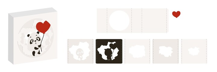 Valentine's day paper carve tunnel card panda with balloon. 3D popup layers card. Modern origami design template. 3d paper lightbox template. Vector stock illustration. © Jexy