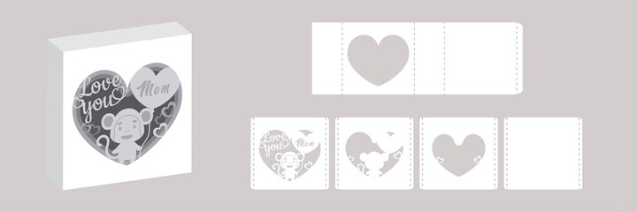 Valentine's day paper carve tunnel card monkey with balloon. 3D popup layers card. Modern origami design template. 3d paper lightbox template. Vector stock illustration.