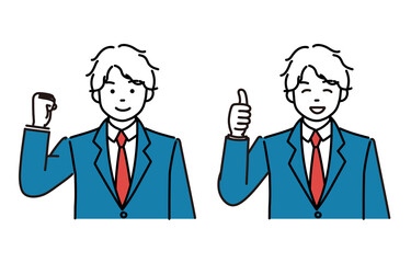 ガッツポーズとナイスポーズをしている男子学生のシンプルイラスト2ポーズセット