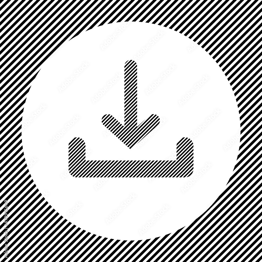 Poster a large download symbol in the center as a hatch of black lines on a white circle. interlaced effect