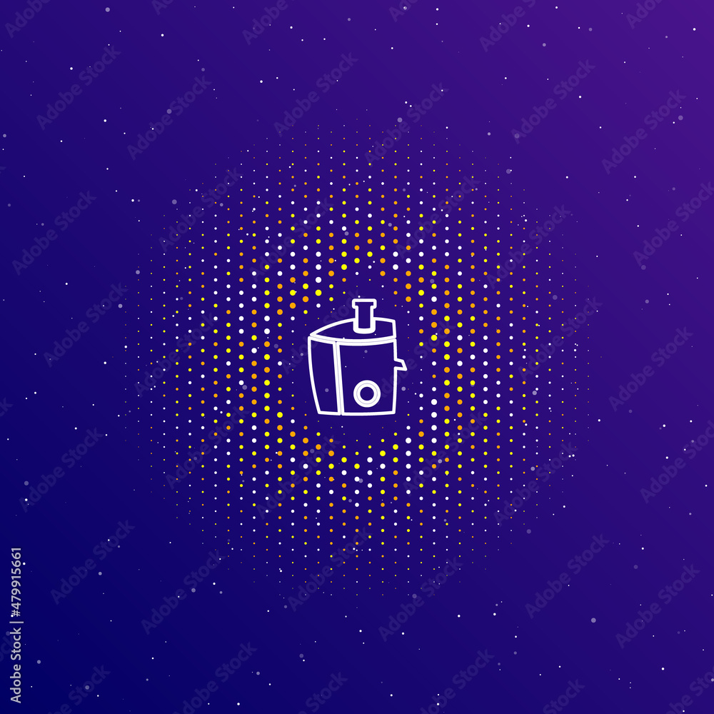 Poster a large white contour juicer symbol in the center, surrounded by small dots. dots of different color