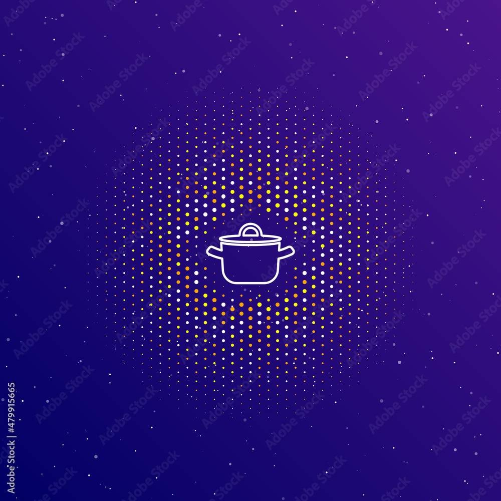 Poster a large white contour pot symbol in the center, surrounded by small dots. dots of different colors i