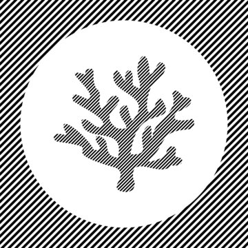 A large coral symbol in the center as a hatch of black lines on a white circle. Interlaced effect. Seamless pattern with striped black and white diagonal slanted lines