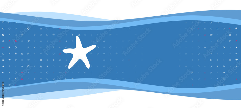 Poster blue wavy banner with a white starfish symbol on the left. on the background there are small white s