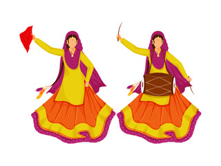 Obraz na płótnie Canvas Young Punjabi Women Doing Bhangra Dance With Dhol (Drum) On White Background.