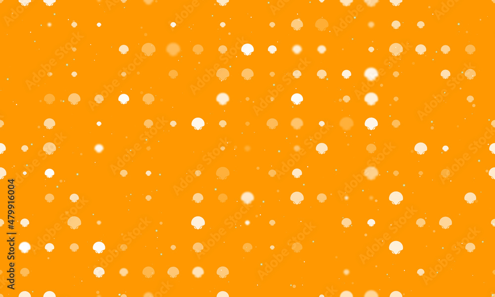 Poster seamless background pattern of evenly spaced white sea shell symbols of different sizes and opacity.