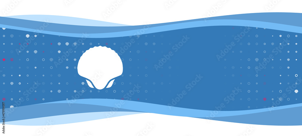 Poster blue wavy banner with a white sea shell symbol on the left. on the background there are small white 
